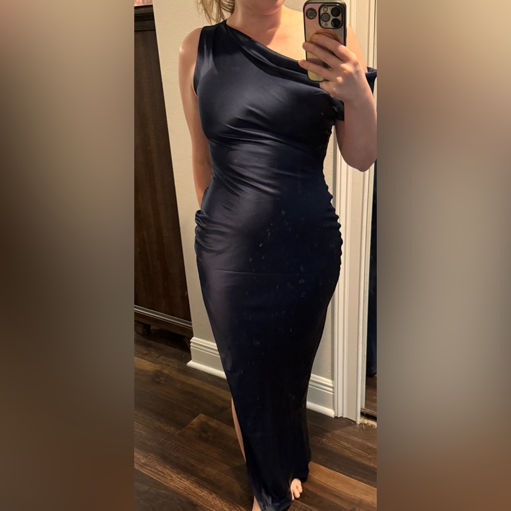 NWOT Unaltered NICHOLAS Eartha Draped Dark Ink Navy Satin Gown - Picture 10 of 11